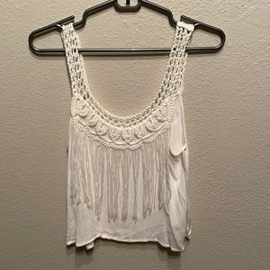 White crochet and fringe tank top